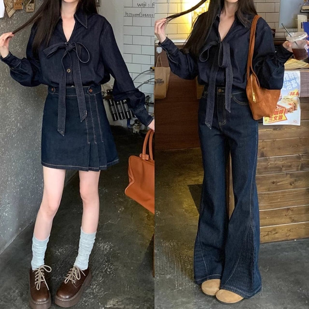 【3日で出荷】デニムセットアップ レディース 韓国 ファッション リボン ダンガリー シャツ ブラウス デニムトップス 春コーデ デニムパンツ デニムスカート 2タイプ