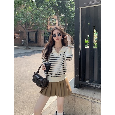 ポロラペルストライプセーターレディース秋冬ルーズVニットプルオーバートップ