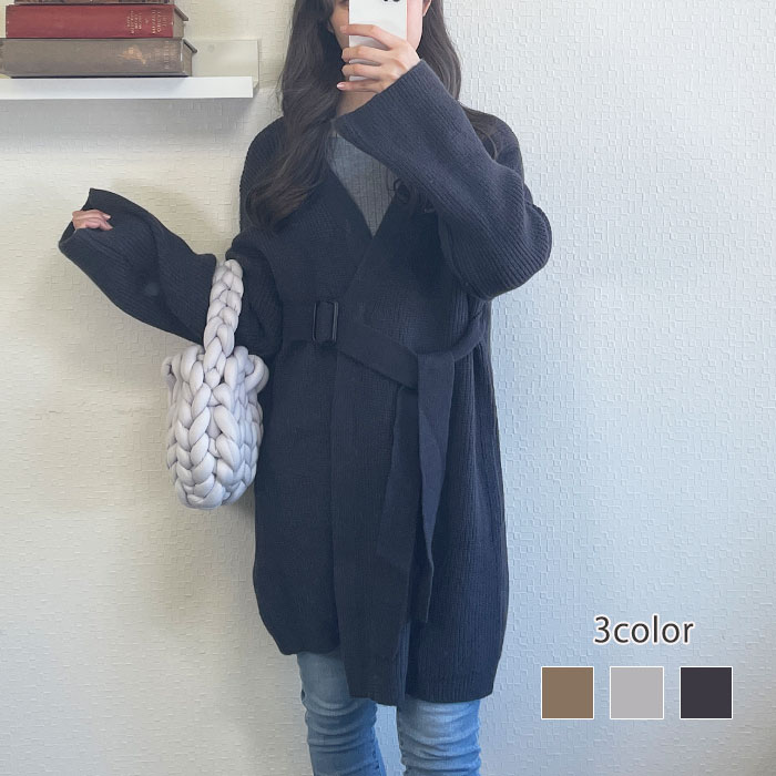 ベルト付きロングニットカーディガン レディース Y2K 可愛い オープン ニットカーディガン コーディガン 秋冬アウター レディース 韓国 ファッション 可愛い アウター オフ