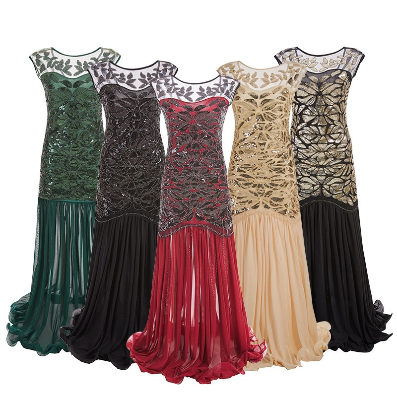 1920 party dress 宴会 イブニング ドレス ロング ドレス レトロ ラメ ビーズ ネット ハス フリル 女性 衣装