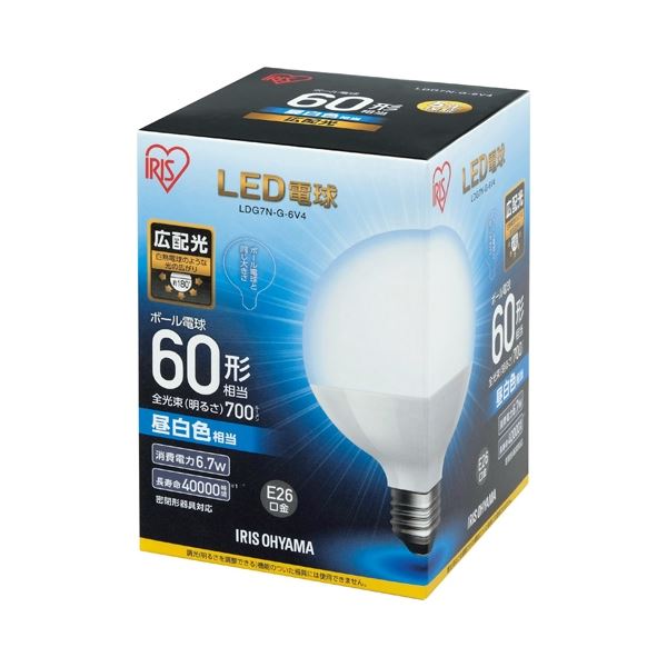 (まとめ) アイリスオーヤマ LED電球60W E26 ボール球 昼白 LDG7N-G-6V4(×5セット)