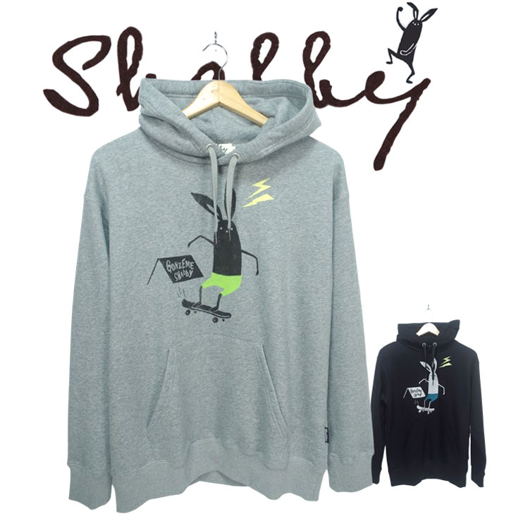 Shabby スケボー プルパーカー 裏起毛 メンズ 長袖 スウェット プリントパーカー パーカー 梵グレー ブラック 黒 うさぎ キャラクター マスコットキャラ SHA-213-21