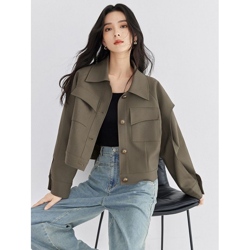 小さくてパリッとしたメイラードショートウインドブレーカートップ秋のレディースコートカジュアルなワークウェアレトロなアウターウェア春