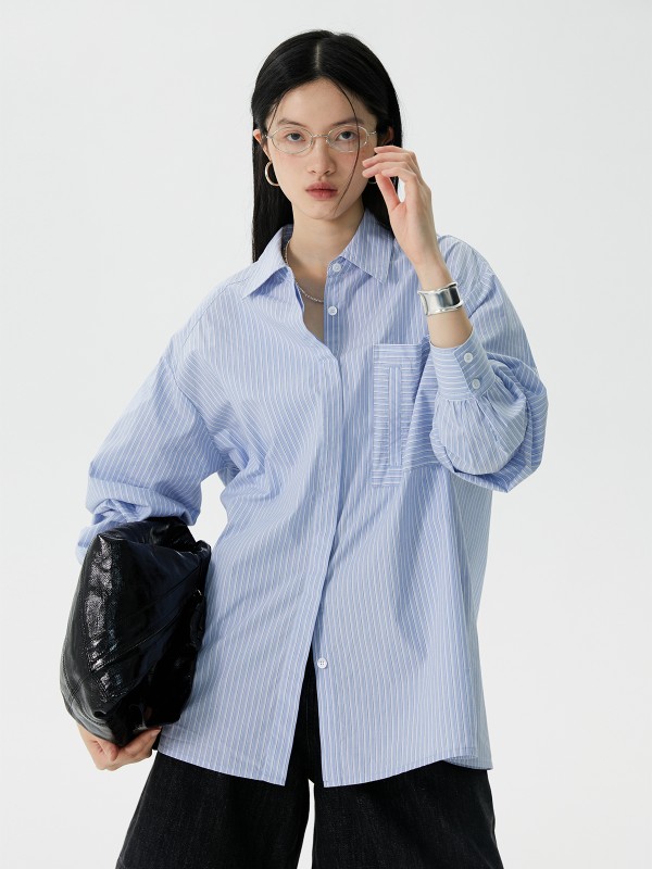 オーモント エッグタルト ストライプ 長袖シャツ レディース 夏新作 レトロシルエットデザイン シャツ トップス