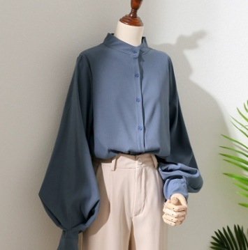 ヘンリーネック クルーネック ボリューム袖 トップス シャツ ブラウス レギュラー丈 長袖 細身 ストレート スマート 裾イン 前開き シースルー 薄手 かわいい 大人可愛い きれいめ シンプル