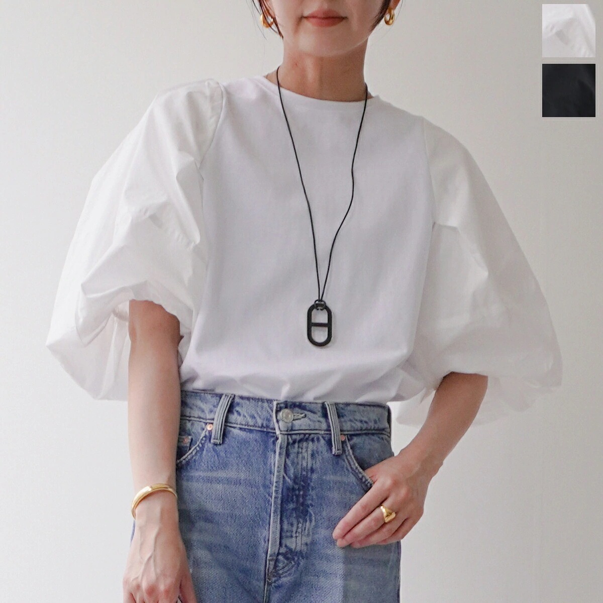 anana アナナ カットソー a19-022 レディース ランタンスリーブ ドッキング クルーネック 五分袖 カラー2色