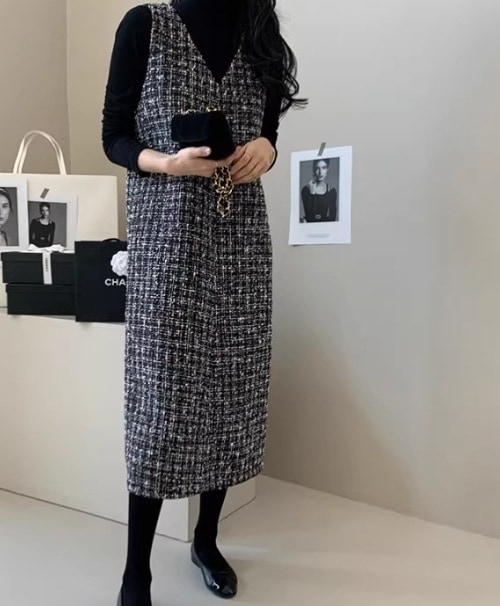 レディース オールインワン タイトスカート 膝下 ミモレ 7分丈 8分丈 9分丈 スリム ストレート ツイード 中厚手 かわいい 大人可愛い きれいめ シンプル カジュアル おしゃれ こなれ感