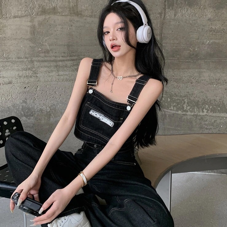 セットアップ レディース プルオーバー デニム Gパン ズボン デニムパンツ ワイドパンツ ストレートパンツ クロップド クロップド丈 ノースリーブ ノースリ スクエアネック ワイド ストレート