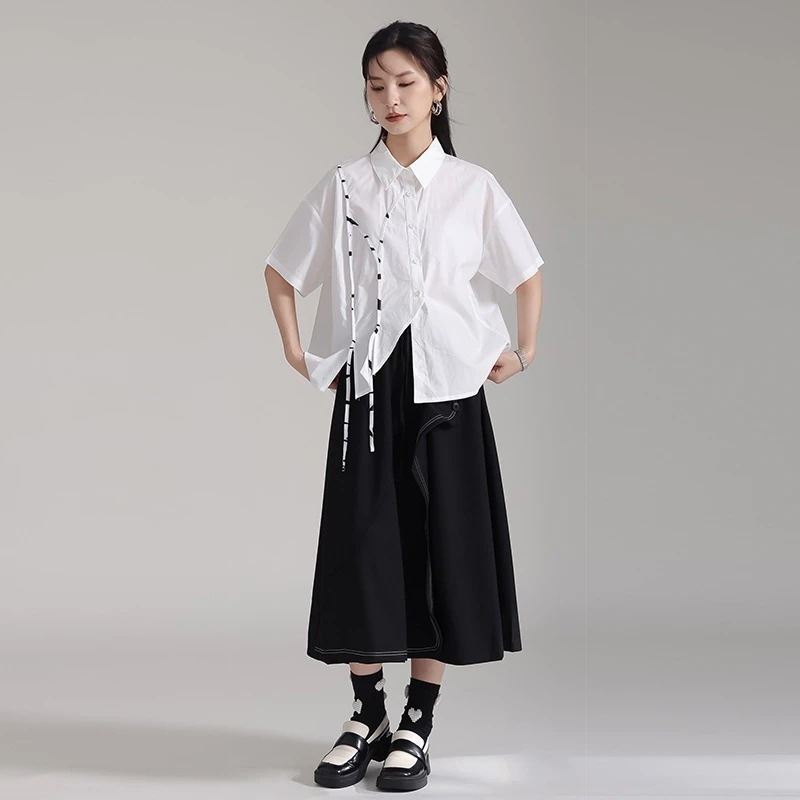 【J.Fashion】 夏 ブラウス 飾りストラップ 不規則裾 シャツ レディース おしゃれ 関連商品は店で購入可能 メガ割30%までに制限