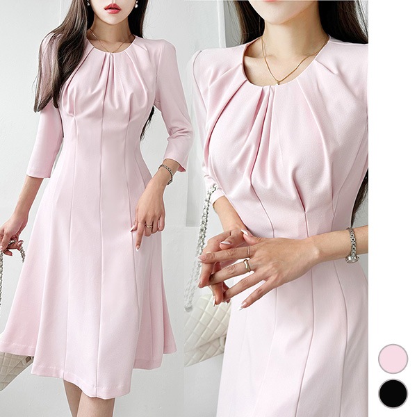 ワンピース レディース 七分袖 タイト 膝丈 膝下 ミモレ丈 ハイウエスト Aライン フレア パブスリーブ シャーリング 上品 きれいめ 春 夏 韓国 to27248