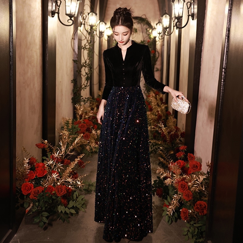 新しい黒の秋/冬年末パーティーイブニングドレス高級宴会ホストドレスニッチスタイルパフォーマンス用のシンプルなロングドレス