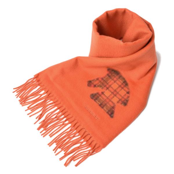 マフラー HERMES ハイランズ ホースモチーフ パッチ付 オレンジ カシミヤ100%