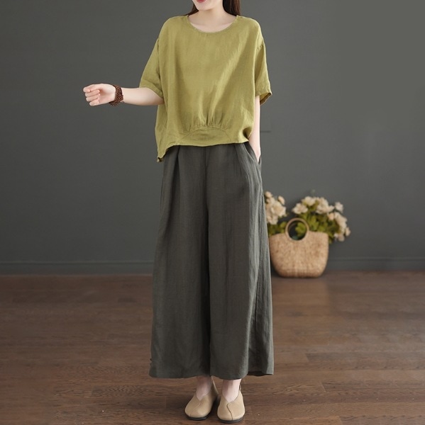 セット トップス ボトムス ブラウス プルオーバー スウェット ワイドパンツ 袖あり 半袖 クルーネック デザイン 美ライン ニュアンス 天然素材 2点セット ツーピース お得 2点セット カラバリ