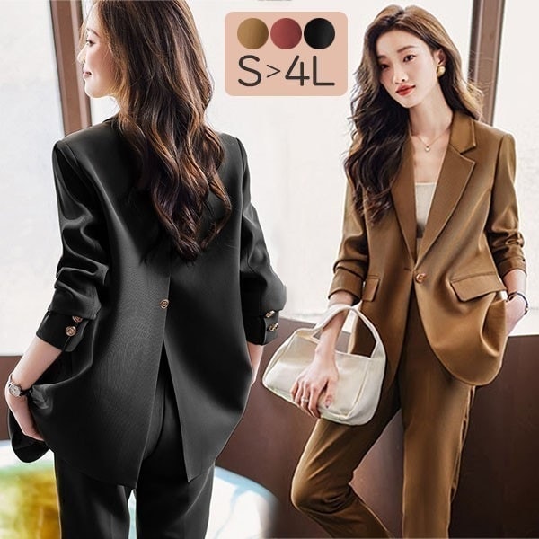 パンツスーツ レディース 大きいサイズ フォーマル 通勤 事務服 就職活動 面接 仕事着 長袖 オフィス ビジネス 事務服 制服 おしゃれ 無地 黒 赤 ブラウン S M L 2L 3L 4L dp1