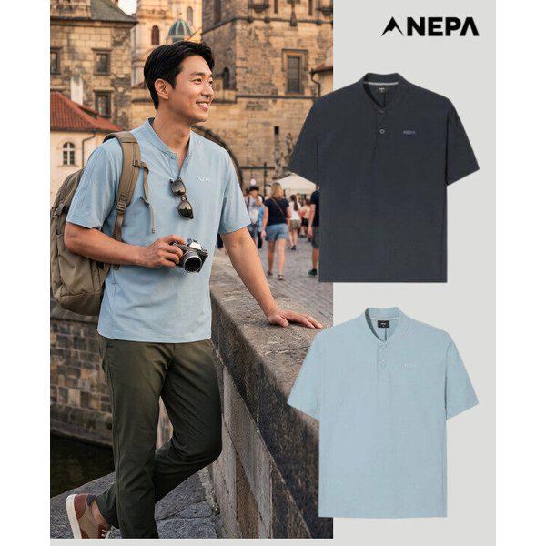 男性用アイストリコット半袖ラウンドハーフネックTシャツ（2色）7M35423_GN