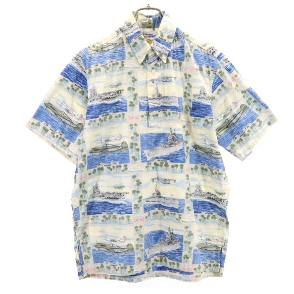 90s 水着タグ リバースプリント 半袖 プルオーバー ボタンダウンシャツ S アイボリー×青 メンズ