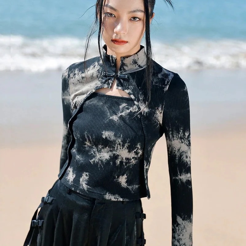 チャイナ風トップス 重ね着風ニット カットソー 長袖 レディース リブタートルネック 黒 タイダイ柄