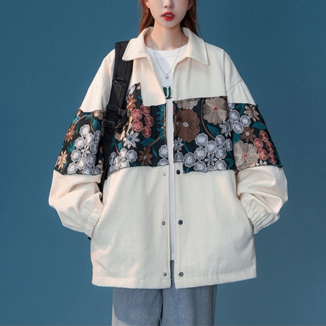 レディース アウター ジャケット パッチワーク レトロ柄 羽織物 コットン100% ポップ ストリート ポケット 新作 春 長袖 シャツカラー スポーティー ダウンショルダー ゆったり