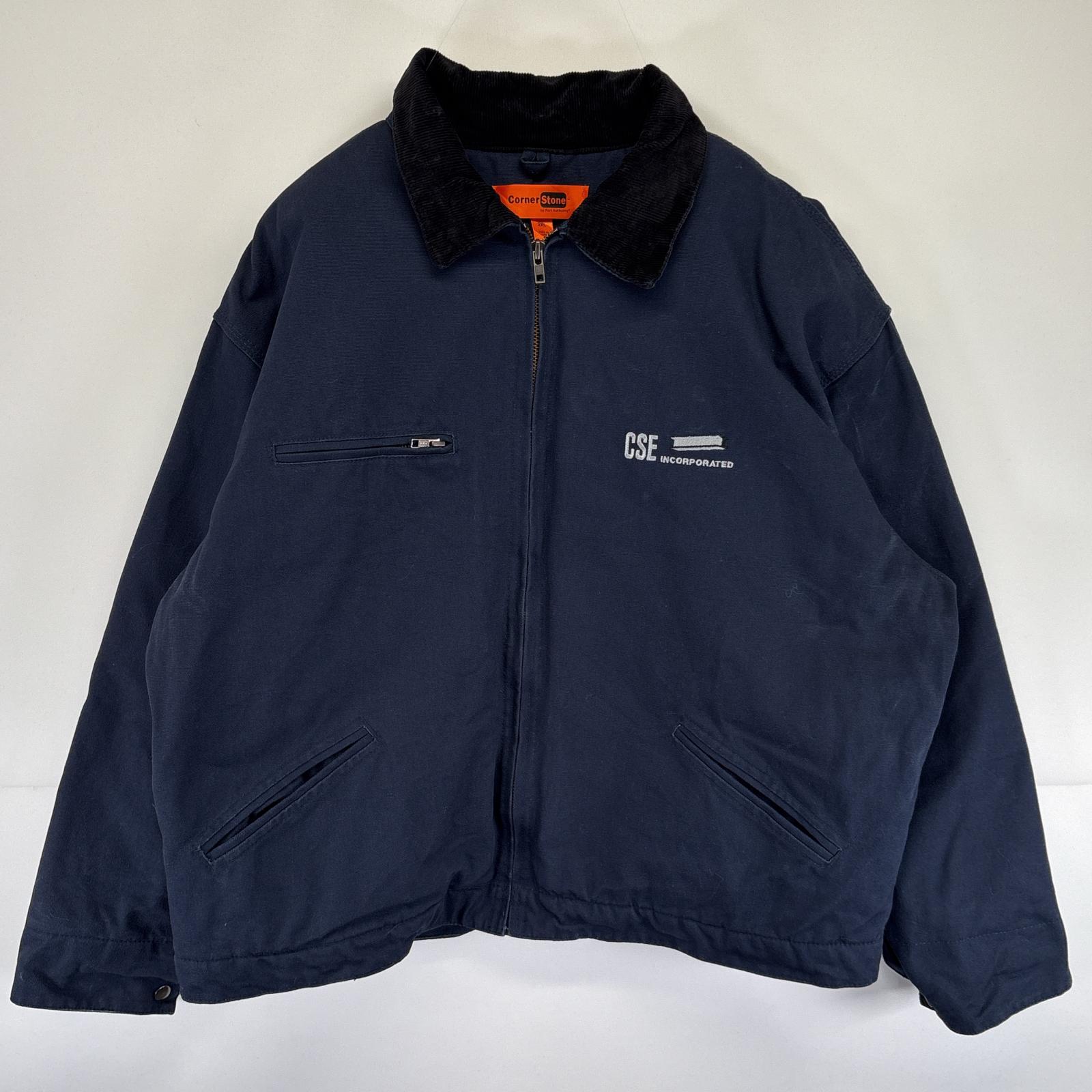 古着 コーナーストーン Corner Stone ワークジャケット ダック 大きいサイズ デトロイトジャケットタイプ 企業ロゴ刺繍 2XL ネイビー メンズ