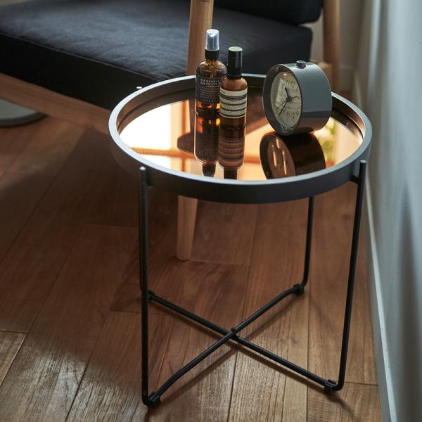 サイドテーブル ナイトテーブル 折り畳み 折りたたみ ラウンドテーブル トレー ミラー 鏡 天板 壁掛け ソファサイド ベッドサイド 丸型 おしゃれ 高級感 円形