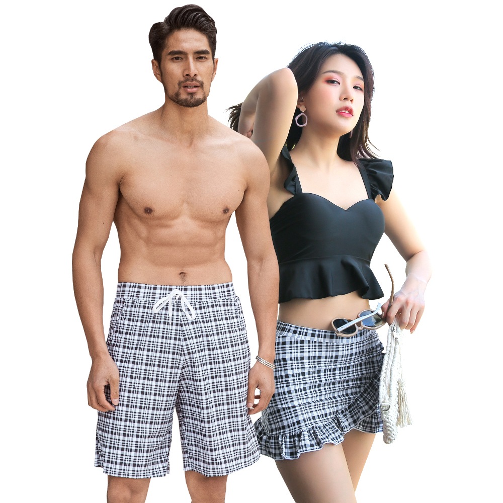 水着 カップル水着 レディース メンズ ペア水着 体型カバー ビーチパンツ お揃い 海 プール ペアルック 夫婦 恋人 彼氏 彼女 トランクス ビキニ 大きいサイズ ブラック チェック柄 2019年 5,184円