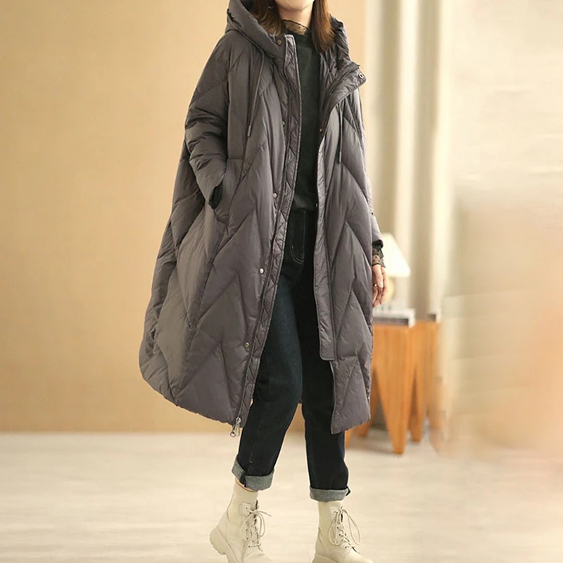 大人の魅力 ダウンコート レディース 冬服 ロング丈 フード付き キルティングダウン ジップアップ 無地 秋冬 ゆったり 暖かい ひざ丈 保温 防寒 羽織り アウター 軽量