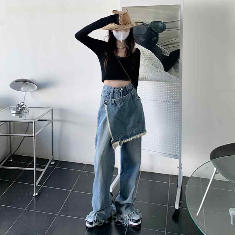 デニムパンツ レディース ダメージ ジーンズ クラッシュ ボトムス カットオフ 春 ストレート ワイド スカート 韓国 レトロ ブルー