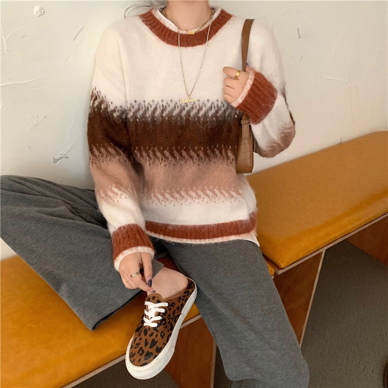 マルチボーダー柄 グラデーションカラー モヘア風 フワフワ 起毛素材 トップス セーター