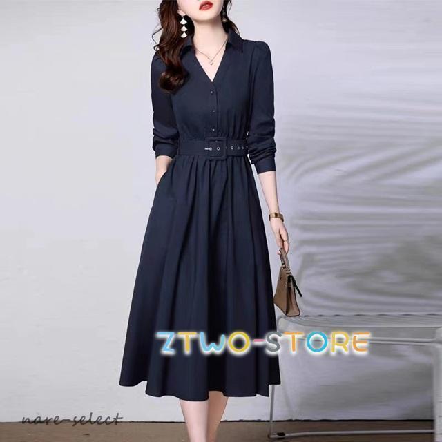 襟つき ワンピース 春 きれいめ ワンピース ミモレ丈 ワンピース 長袖 ロング 春 秋 ワンピースドレス 上品 シンプル 無地 大きいサイズ 3L 4L ベルト付き