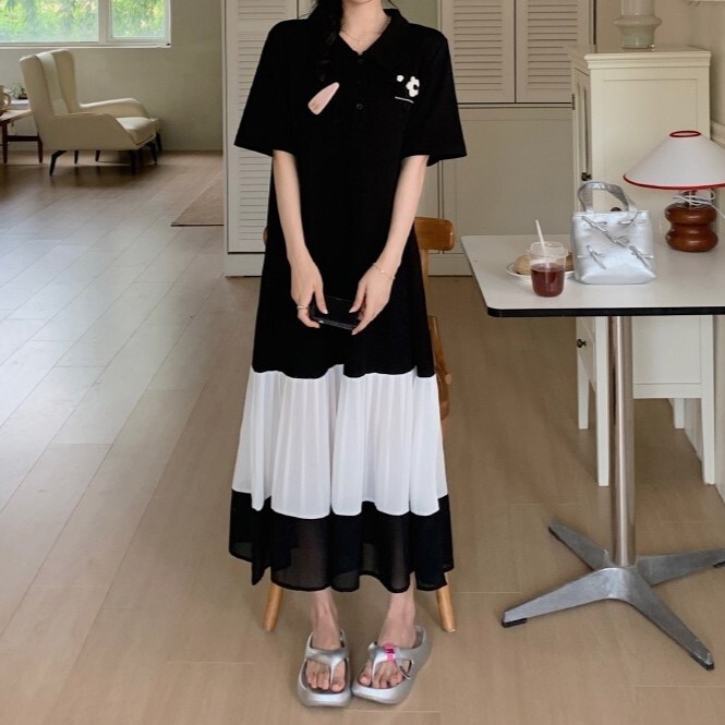 レディース ワンピース 膝下 ミモレ ロング 半袖 襟付き 角襟 ポロカラー 切り替え 透け感 シースルー ボタン 切り替えデザイン バイカラー 配色 異素材ミックス 大人可愛い シンプル カジュアル