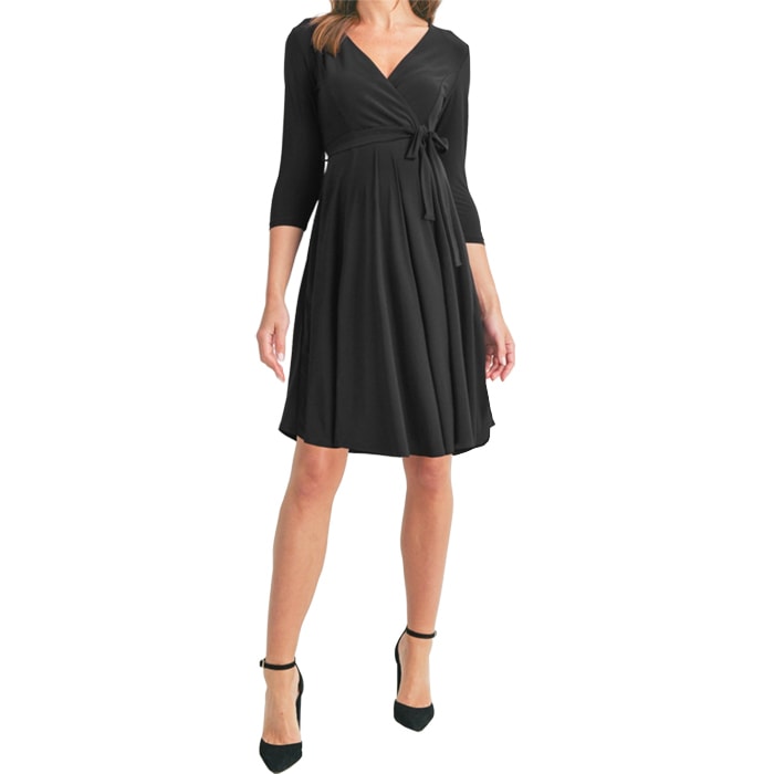 ワンピース 膝丈 7分袖 Vネック ハイウエスト切り替え LAインポート無地 フレア S.M.L.XL ブラック FROM USA HM240523LA073 5,269円