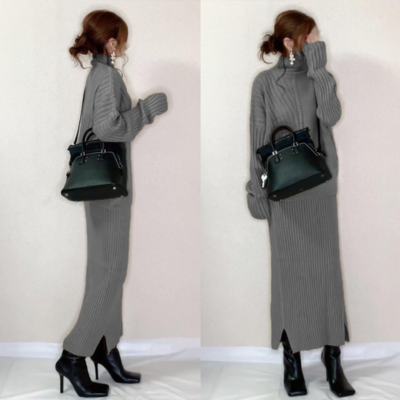 【一番安い新作】 グレー 無地 ハイネック ニットセーター ニットスカート 2点セット セットアップ レディース