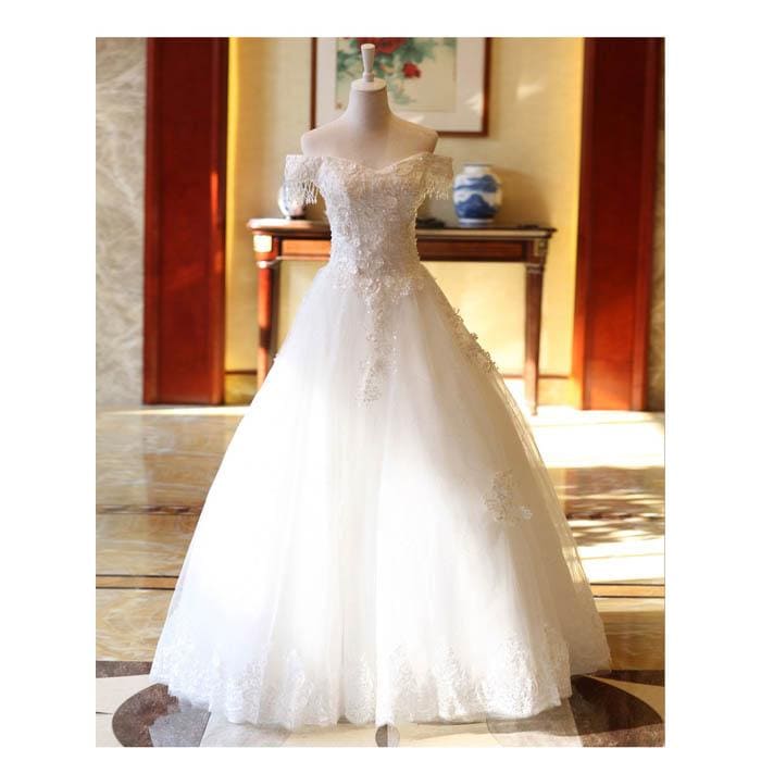 ウェディングドレス プリンセスライン ウエディングドレス 花嫁 ブライダル ロングドレス 結婚式 二次会 披露宴 オフホワイト ビーズ 床付き オフショルダー