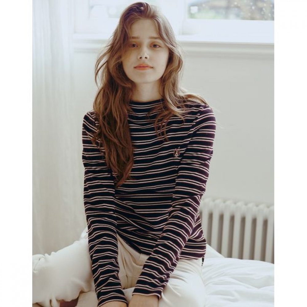 [ヘッジズレディース] 24FW ストライプハーフネックロングスリーブ T シャツブラック HSTS4DL04BK