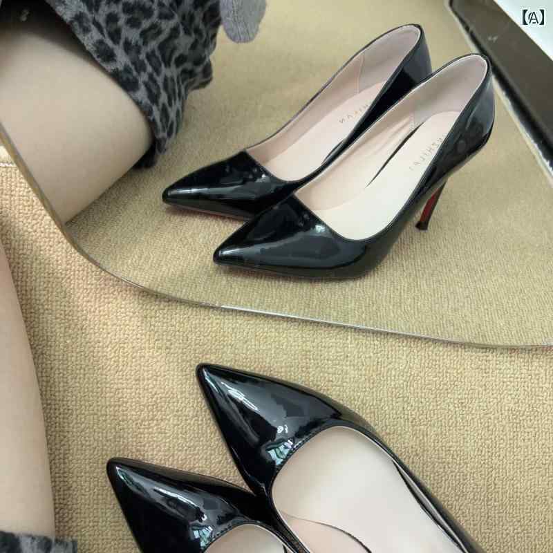 レディース　ヒール　シューズ 女性用 黒 赤 底 ハイヒール 太い mm 幅広 つま先 魅惑的 スティレット ヒール パテントレザー 通勤 靴 大きいサイズ 4143