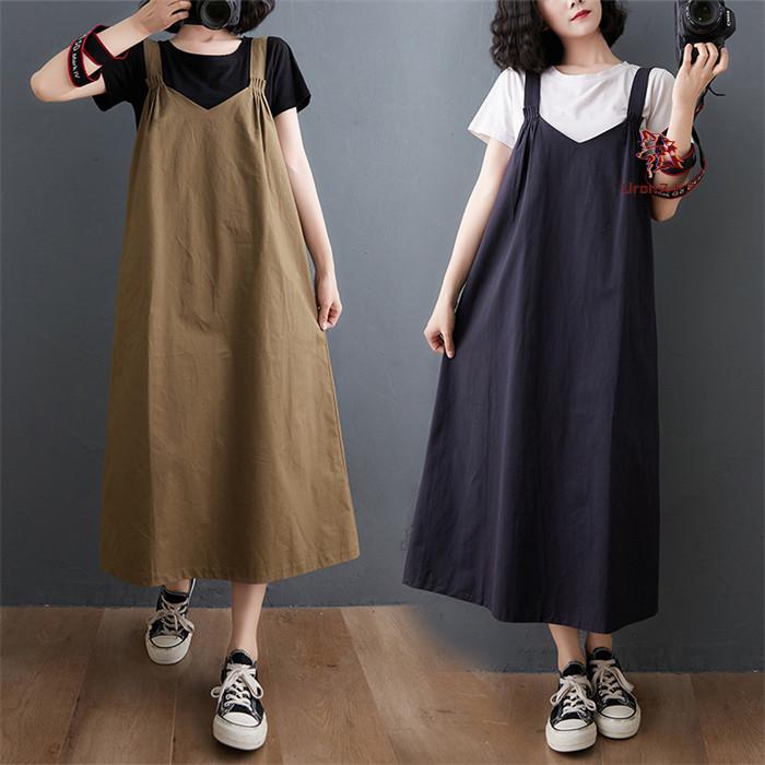 ジャンパースカート 夏 レディース ロングワンピース サロペットスカート ジャンスカ 大きいサイズ ゆったり ポケット ナチュラル 無地 春夏秋冬 ゆったり 体型