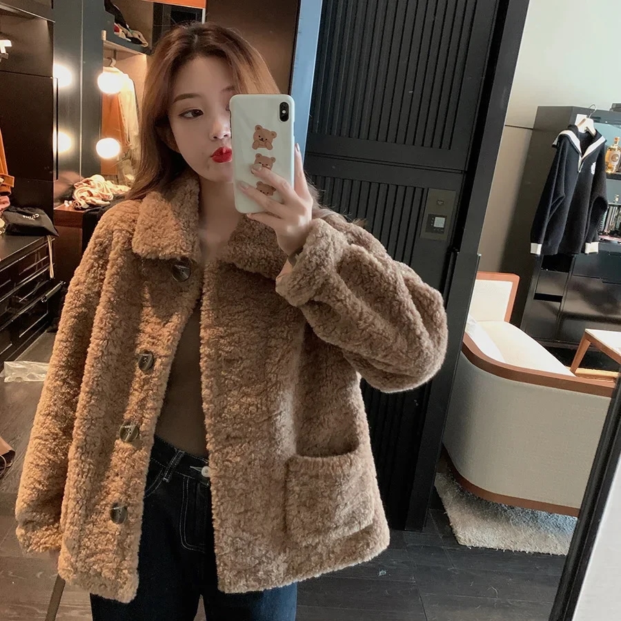 女性用ラムウールのクロップドジャケット,ルーズフィットの袖,厚いフリースのアウター,韓国スタイル,用途の広い,秋,冬,2023 - 200000345