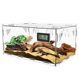 トカゲ ケージ 爬虫類 ケージ 爬虫類 飼育ケース 温度湿度計付き 爬虫類テラリウムタンク 昆虫飼育ケース 透明 通気ケージ 給餌箱 飼育容器アクリル 換気が良い 給餌ケージ ボックス 亀 トカゲ