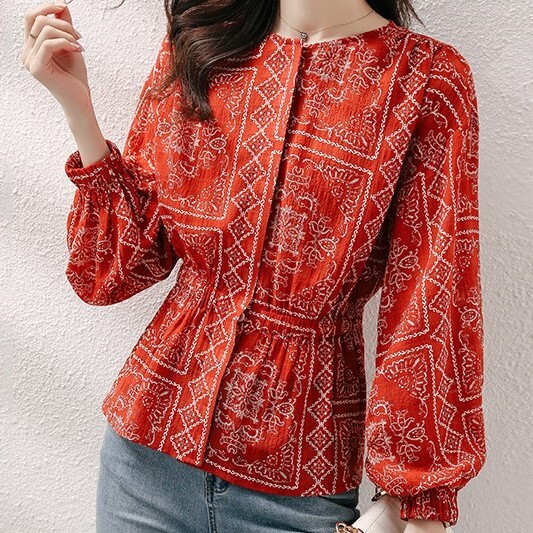 トップス ブラウス ミディアム丈 袖あり 長袖 ボリューム袖 ラウンドネック ペプラム ハイウエスト 大人可愛い カジュアル おしゃれ かっこいい アジアン エスニック 大人女子 こなれ感 ガーリー