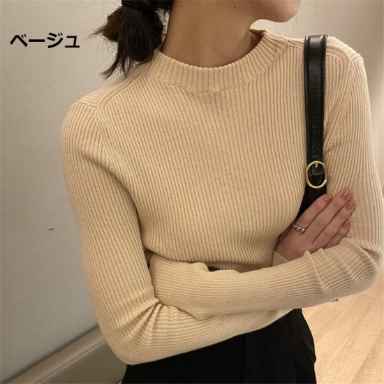【取寄：納期2週間】長袖ニットセーター レディース トップス プルオーバー セーター ニット 長袖 スリムフィット シンプル 無地 ハーフタートルネック カジュアル コットン 綿 デイリー