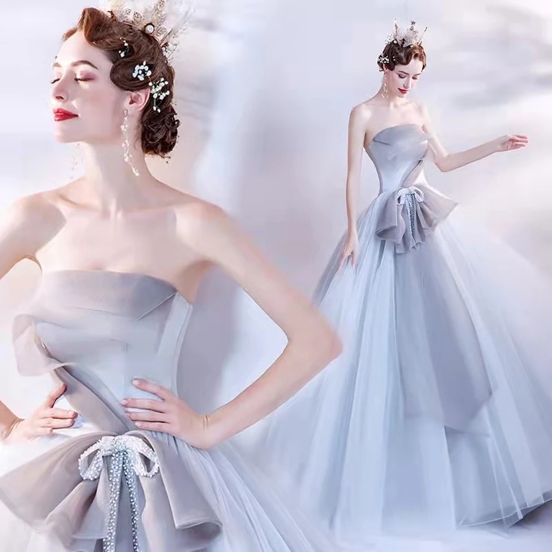 カラードレス ロング ノースリーブ　カラードレス 二次会 パーティードレス 編み上げ 花嫁 ウェディ