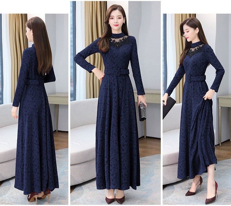 レース切替ニットワンピース ワンピース 入園式 ワンピ　結婚式 二次会 入学式 大人 上品 卒業式 OL レディース ミディアム丈 長袖 レース 秋 冬 R53262652