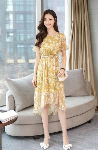 1250．花柄イレギュラーヘムドレス（イエロー）