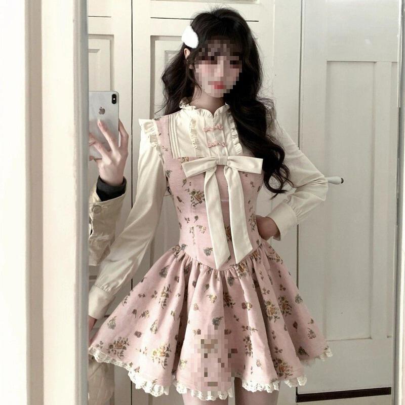コスプレロールプレイング女性のための春の新しい中国スタイルのレトロなの花パッチワークの偽の2ピースのミニドレス カート コスプレ 桃柄 癒し レディース カジュアル パンツ 大人 ミニスカート