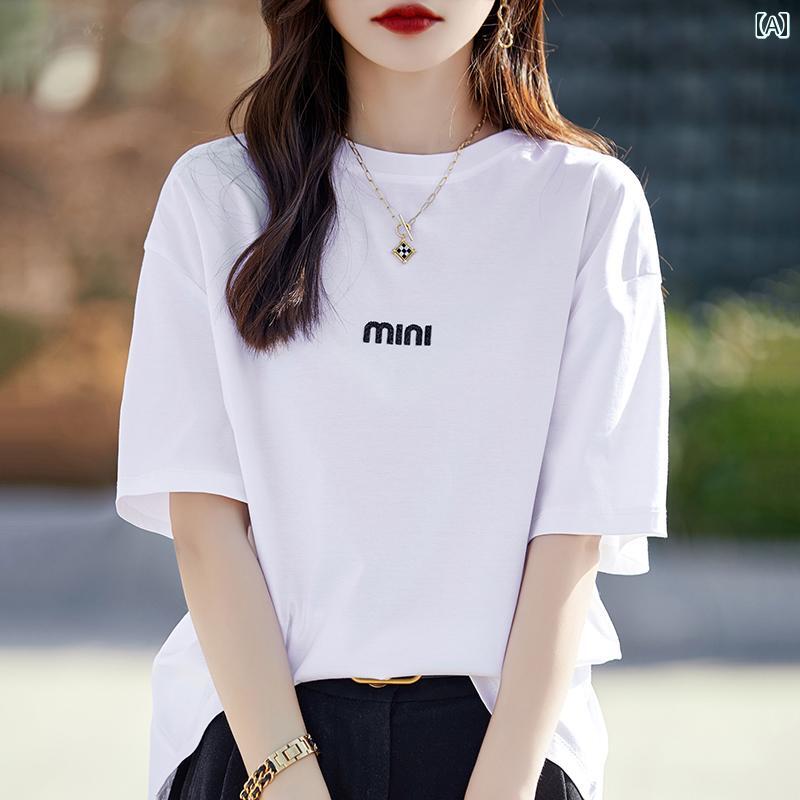 レディース ファッション トップス シンプル おしゃれ レディース ファッション トップス 夏 100 綿 ラウンドネック 半袖 レングス 散りばめ 半袖 Tシャツ シャツ