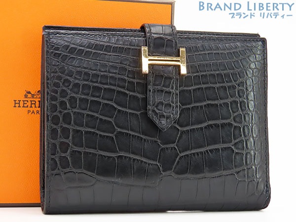 美品エルメスベアンコンパクトアリゲーターマット二つ折り財布クロコダイルブラックゴールド金具H039786CD89