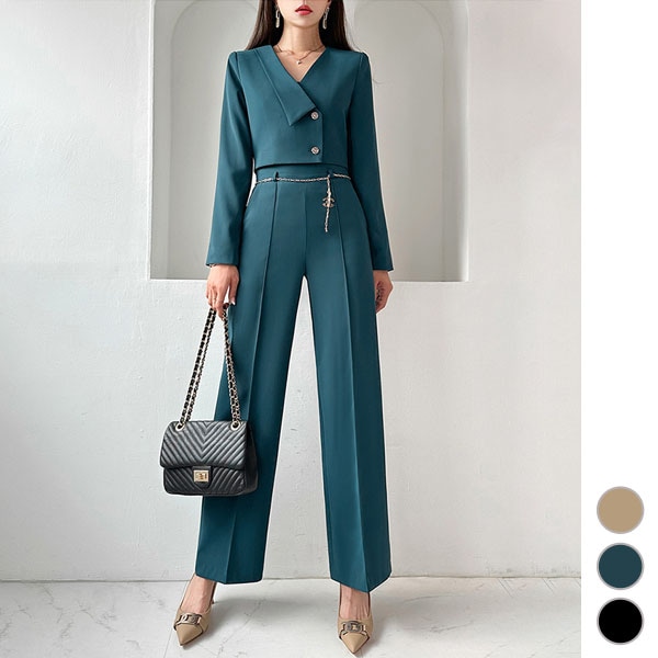 セットアップ レディース 長袖 ショート丈 ジャケット アウター タイト ハイウエスト ワイド スラックス パンツ 上品 オフィス 春 秋 韓国 to27769