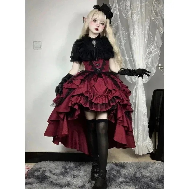 3日出荷 マナー ゴシック ロリータ ブラック ブラウス レッド スカート セット