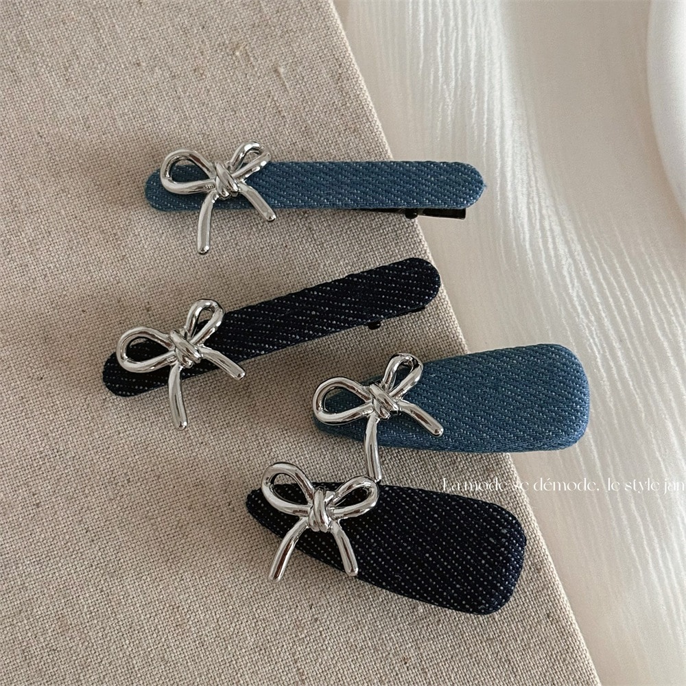 シンプルで多用途のシルバーリボンデニムヘアクリップ一言ダックビルクリップエレガントな毎日のサイドバングクリップヘアアクセサリー