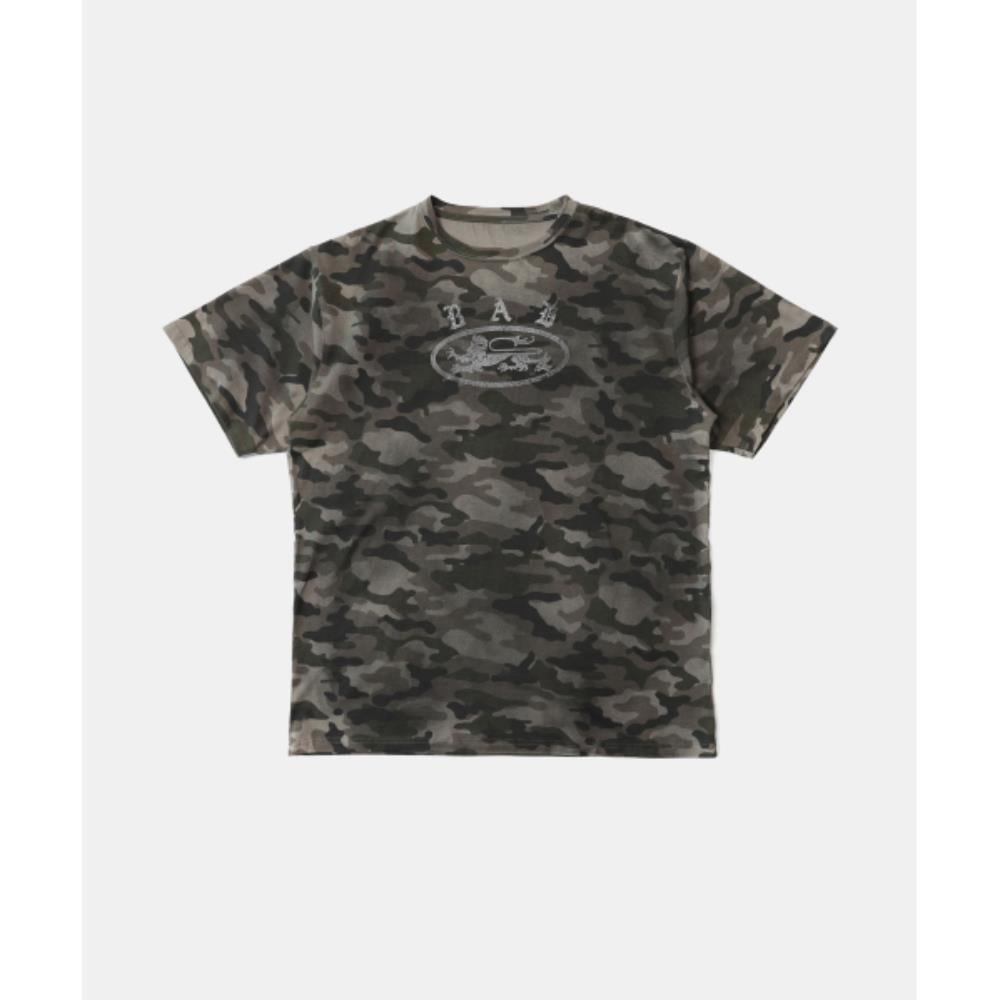BADBLOOD Crack Print T-Shirt Green Camo w-tee25-046